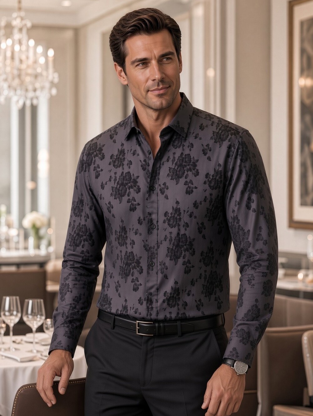 Slim Fit Cotton Dark Floral Black Gray Long Sleeve Button Down Dress Shirt Large